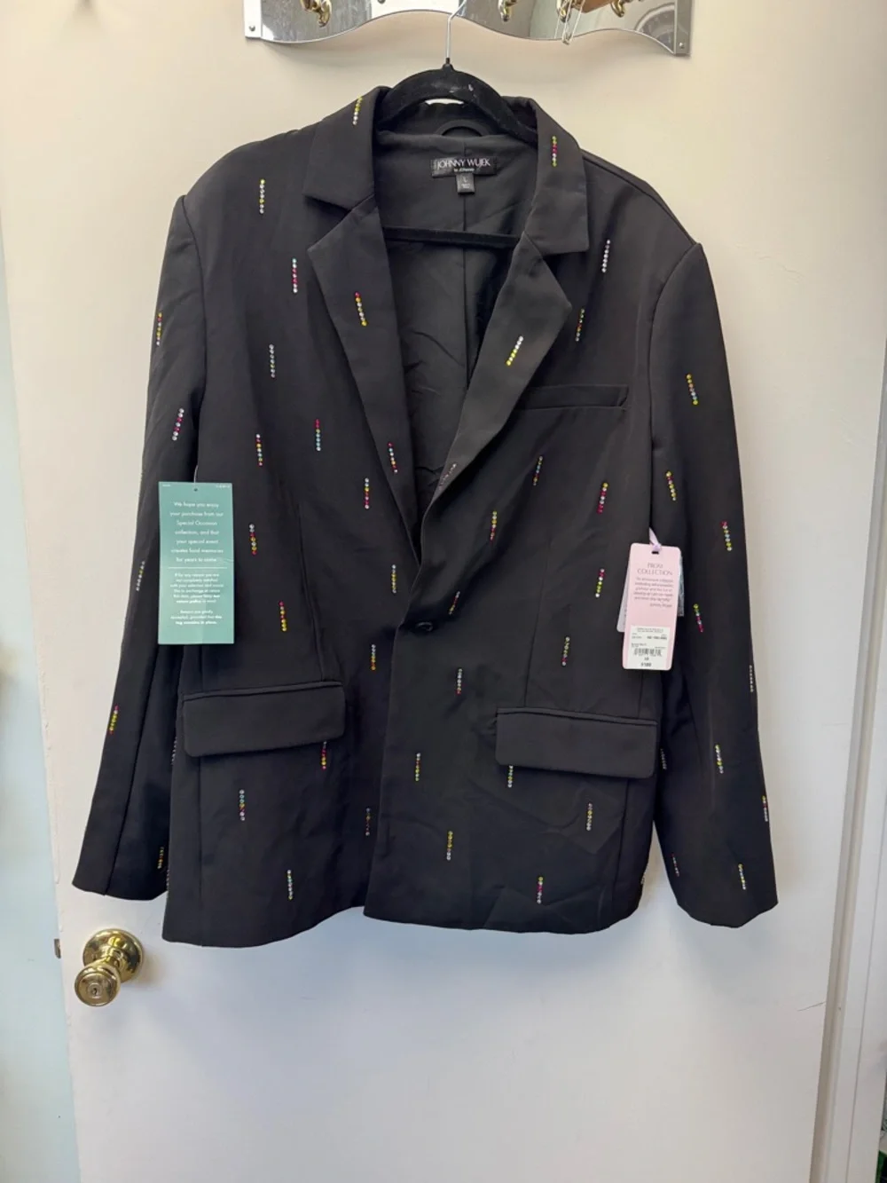 Black‎ Embroidered Notch Lapel Blazer with Multicolor Accents